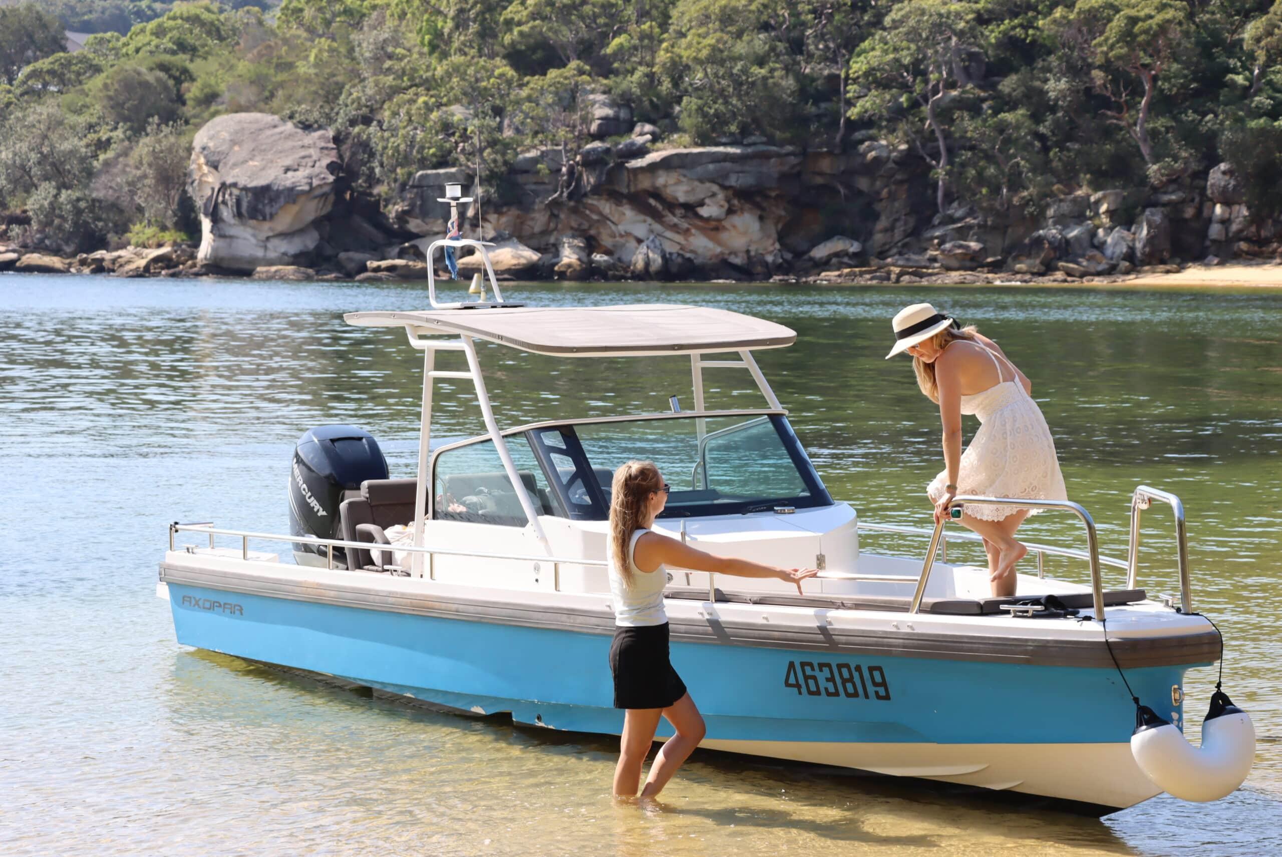 A self-drive boat anchored off Manly on Sydney Harbour, no licence required