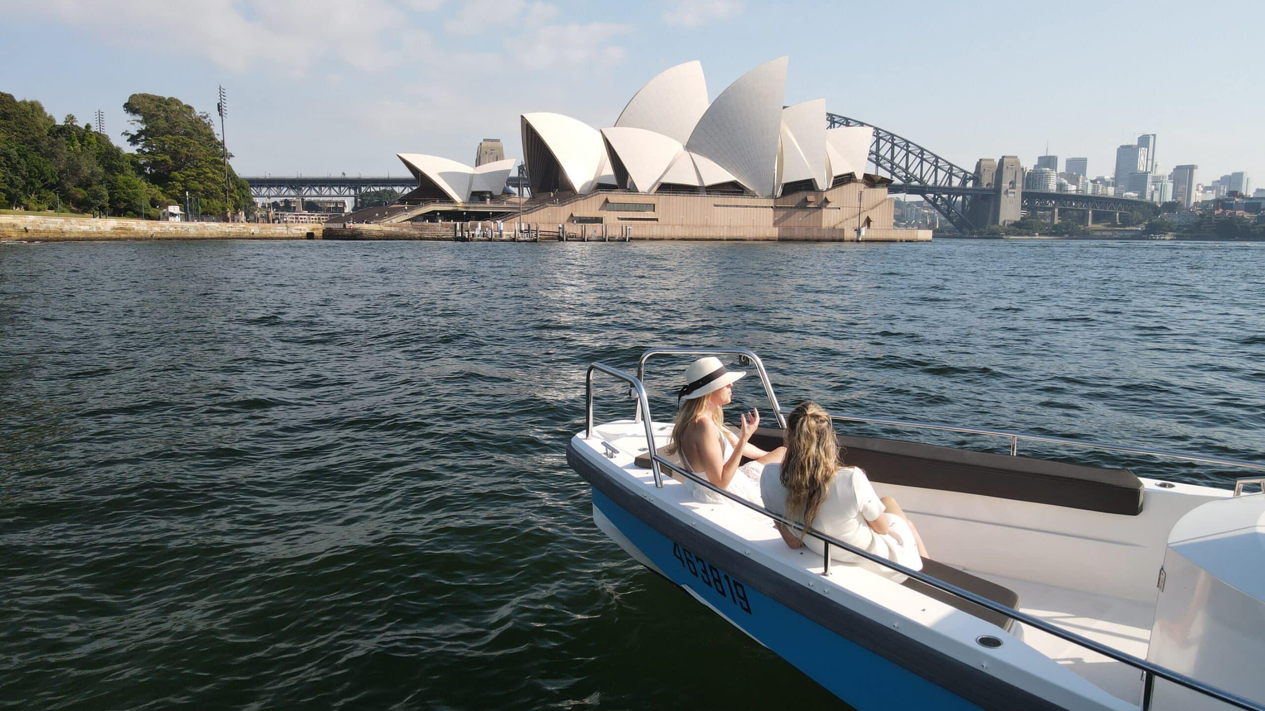 A self-drive boat anchored off Balmoral on Sydney Harbour, no licence required