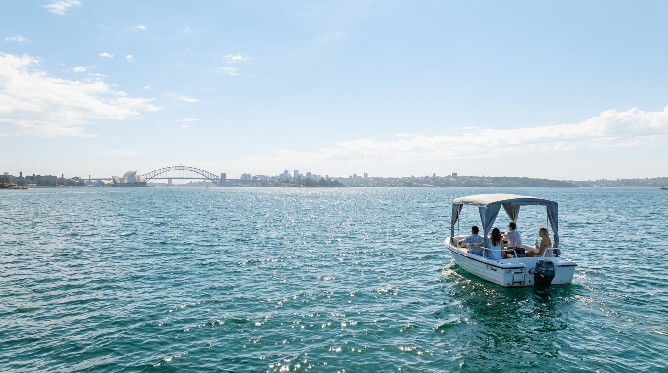 Self-drive boat cruising Sydney Harbour with the Opera House and Harbour Bridge in the distance