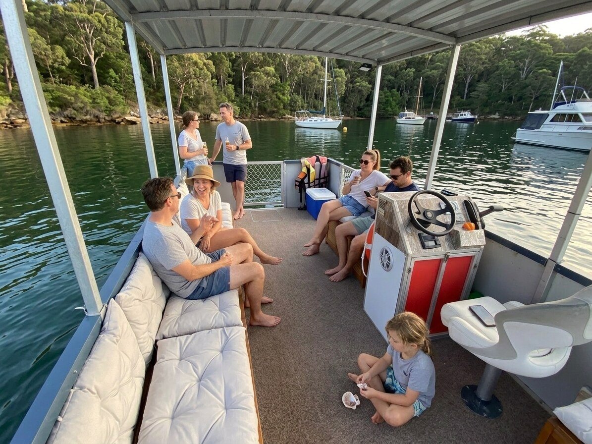 Group chatting on the bench seats of the BBQ pontoon